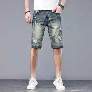 남자반바지 봄여름 빈티지 블루 청반바지 패션 슬림 일자 미디움 5부 팬츠 심쿵직구
