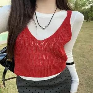 베스트 니트 여자 크롭 뷔스티에 조끼 6컬러 짜임 그물