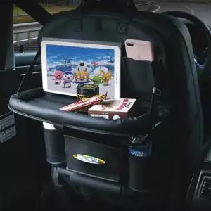 접이식 트레이가 내장된 PINUK 카 백시트 정리함 더블 레이어 가죽 방수 카시트 포켓 포함 간편한 설치