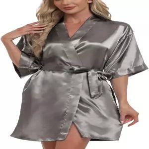 여성용 쇼트 로브 실키 새틴 퓨어 컬러 목욕 가운 신부 들러리 파티 기모노 브이넥 슬립웨어 주머니 포함