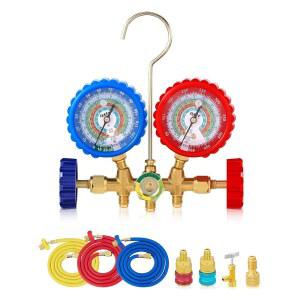 오리온 모터 테크 AC 매니폴드 게이지 세트, R12 R22 R502 R134a 냉매용, 3방향 자동차 안티쇼크 호스 커플러 및 어댑터, 천공으로 HVAC용 프레온 충전 키트를 탭할 수 있습니다