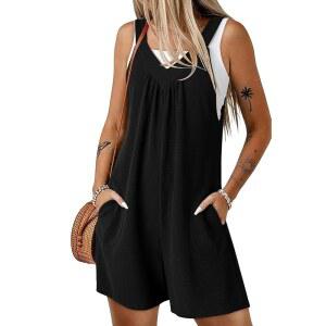 도코투 여성 사이드 니트 와플 점프슈트 롬퍼 포켓 민소매 탑 벨트 여름 탱크