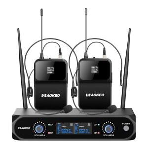 AOKEO 무선 마이크 시스템, 바디팩/헤드셋 포함 금속 세트, 2 x 30 UHF 주파수, 노래, 노래방, 교회용
