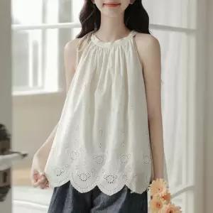 [오노마] ONM F007544_리본끈장식 홀터넥 펀칭자수 나시블라우스