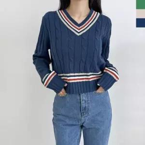 [오노마] ONM CAT 1051 여자 브이넥 꽈배기니트 라운드넥니트 브이