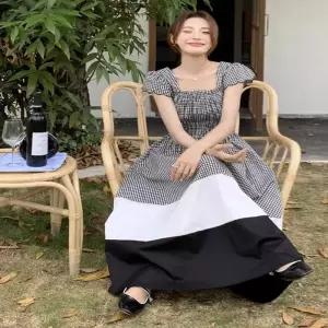 [오노마] ONM 스모크 원피스 체크 패턴 360 배색 투톤 밴딩