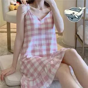 [오노마] ONM 여름 홈웨어 체크 패턴 원피스 브라 캡 내장