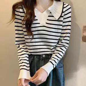 [오노마] ONM 특이한 카라 포인트 여성 가을 스트라이프 니트 긴팔