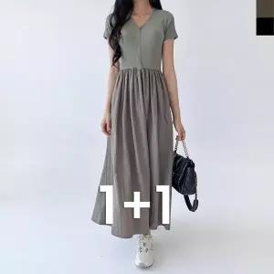 블레오 브이넥 플레어 데일리 반팔 롱 원피스 (1+1) DM2601081596