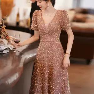 샴페인 글리터 브이넥 드레스 파티 연말 퍼프소매 이브닝 여성 모임룩