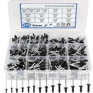 500개 블랙 리벳 팝 모음 키트 14가지 SAE 사이즈 알루미늄 분리형 라벨 케이스 다양한 블라인드