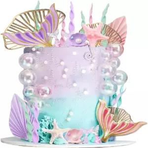 인어 케이크 토퍼 큰 꼬리 해초 거품 껍질과 인어를 위한 황금 은행잎 세트 바다 장식