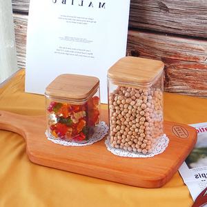 인블룸 원목뚜껑 사각 내열유리병 480ml/760ml 양념 조미료 간식 보관통