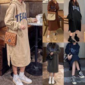 롱 원피스 후드 레터링 로고 옆트임 H라인 홈 데일리룩 WL097