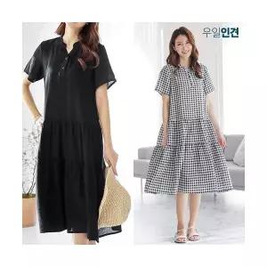 캉캉 반팔 헨리넥 롱 원피스 A라인 데일리 인견 체크 단색 원피스