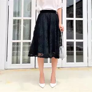 [하프클럽/]여성 봄 롱 레이스 스커트 고무 밴딩 치마 미디 A라인 봄 정장