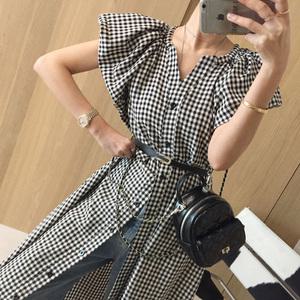 안나 브이넥 벌룬 프릴 캡소매 고방체크 A라인 벨트세트 셔츠 롱 여름원피스