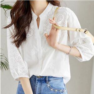 여성 여름 차이나카라 7부 펀칭블라우스 흰 블라우스 얇은 흰색 남방 셔츠 CH197