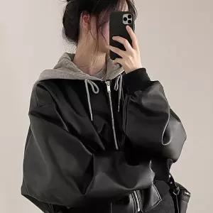 LnD 여성 후드 레더자켓 박시핏 페이크레더 점퍼 항공점퍼 가죽자켓 루즈핏