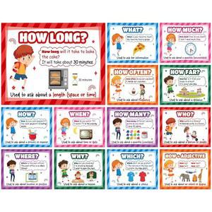 OBUSATT 13PCS 질문 단어 포스터 문장 교실 필수품 교육용 자료 문법 영어 학습 초크 영어 초등학교 장식 수업 홈스쿨