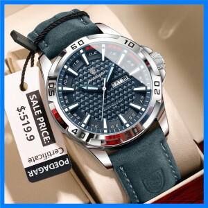 포에다가 오리지널 남성용 손목시계 최고급 방수 야광 날짜 요일 표시 남성용 쿼츠 스포츠 가죽 시계 남성