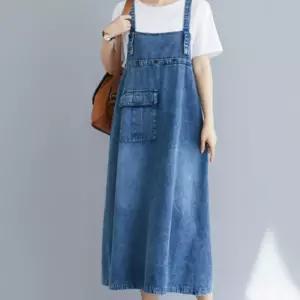 루즈핏 롱멜빵청원피스 롱데님원피스 등조임 루즈핏원피스 청원피스 미니원피스