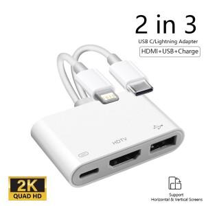 USB-C/라이트닝 to HDMI 디지털 AV 어댑터 HD 동기화 스크린 연결 케이블 (USB 카메라 OTG 포함) 아이폰 호