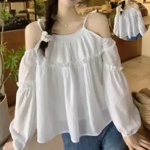 루즈핏블라우스 여성 캐주얼 끈나시 오프숄더 루즈핏 프릴 블라우스