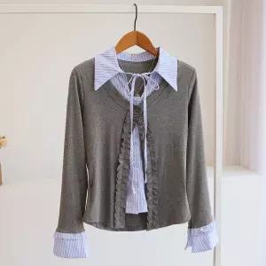 [잇수다] 라라즈 리본 스트라이프 셔츠 레이어드 프릴 니트 가디건