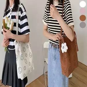 에코백 여성 스마일 골덴 코듀로이 숄더백 에코백 키링 포함