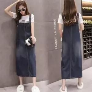 여성용 기본 멜빵 데님 원피스 캐쥬얼 청 롱 데님 큐티 원피스 여성용 스커트 멜빵