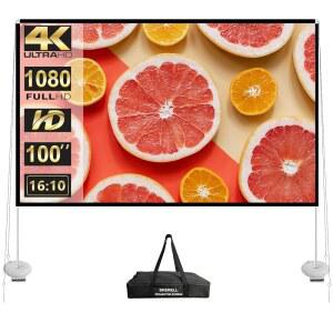 스탠드 100인치 야외 프로젝터 스크린: 휴대용 프로젝션 스크린 16:10 4K HD 영화 스크린, 가정용 뒷마당 극장용 캐리백 포함