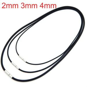 2/3/4mm 검은 고무 코드 로프 체인 라운드 실리콘 목걸이 스테인레스 스틸 걸쇠 커넥터 문자열 초커 60cm