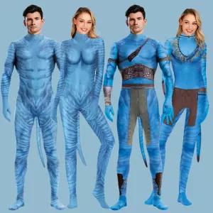 카니발 아바타 코스프레 코스튬 영화 테마 3D 디지털 인쇄 탄성 젠타이 애완 동물 세트 푸림 캣슈트 파란색