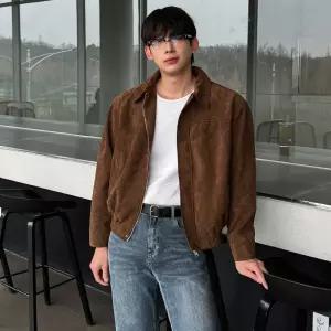 아르 남자 절개 스웨이드 세무 카라 크롭 자켓