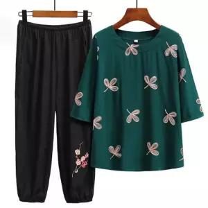 은창]숨쉬는 나뭇잎 자수 상하의 바지 세트 티셔츠 투피스 홈웨어 셋업 봄 여름 반바지 반팔 엄마