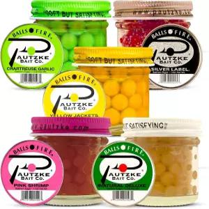 포츠케 볼-오-파이어 5팩 천연 연어 알 낚시 미끼 송어 낚시용 물고기 옐로우 재킷 그린 라벨 실버 핑크