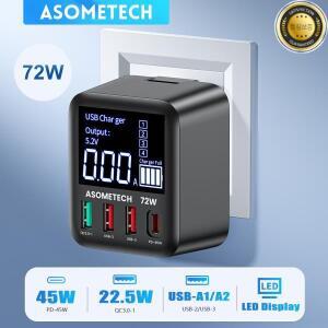 ASOMETECH 72W GaN USB 충전기 4 포트 LED 디스플레이 QC3.0 PD3.0 PPS 45W C iPhone 16 iPad 용 고속 Sams