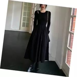 블랙 롱원피스 A라인 페이크 2중 펀칭 날씬핏 원피스