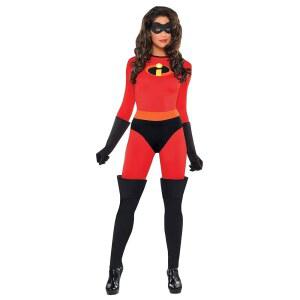 여성 미세스 인크레더블 코스튬 | 장갑과 마스크 할로윈 의상을 착용한 성인 슈퍼히어로 점프수트