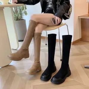 여성용 롱 라이더 하이힐 부츠 추동 키높이 원통 스웨이드 통굽 MN 봄가을 OOTD5