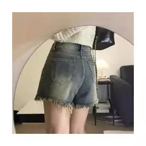 여성 청반바지 청바지 빈티지 트리밍 데님 반바지 하이웨스트 슬림핏 A라인 와이드 핫팬츠 MF1