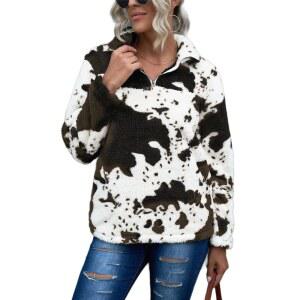 EARKOHA 여성용 재킷 지퍼 프린트 칼라 플러스 긴소매 사이즈 커피 상의, 캐주얼 소 플리스