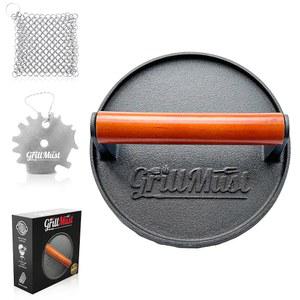 GRILLMUST GRILL BURGER 고기 프레스 PRESS 주철 스크러버 베이컨 프리미엄 17.8CM(7인치) 이상적인 버거 위한 포함 완벽한 세트: 철판을 스크레이퍼 선물 세트에는 및 그릴 남성을