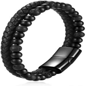 마이니 스테인리스 스틸 타이거 스톤 커프 가죽 팔찌 구슬 손으로 짠 이중 레이어 남성