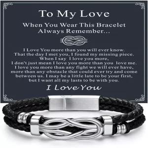 체인하우스 스퀘어 러브 매듭 팔찌 남성용 땋은 가죽 스테인리스 스틸 인피니티 팔찌와 메시지 카드 기념일