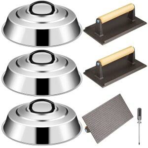 TESSCO 7피스 바베큐용 커버 돔 스매시 그릴 멜팅 치즈 포함 및 드라이버 30.6CM(12.6인치) 세트에는 탑 프레스 버거 플랫 주철 액세서리 3개, 그리들 스크루 라운드 베이스팅 고기