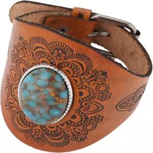 남성용 HZMAN 빈티지 터쿼이즈 가죽 팔찌 조절 가능한 펑크 해바라기 커프