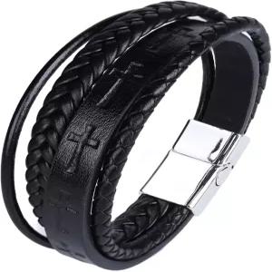 미스터카오스 남성용 가죽 크로스 브레이슬릿 다층 땋은 손목밴드 뱅글 브레이슬릿과 스테인리스 스틸 버클