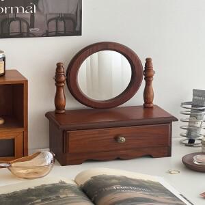 레트로 원목 회전식 화장대 거울 서랍 포함 침실용 빈티지 스타일 무전원 실버 거울 표면